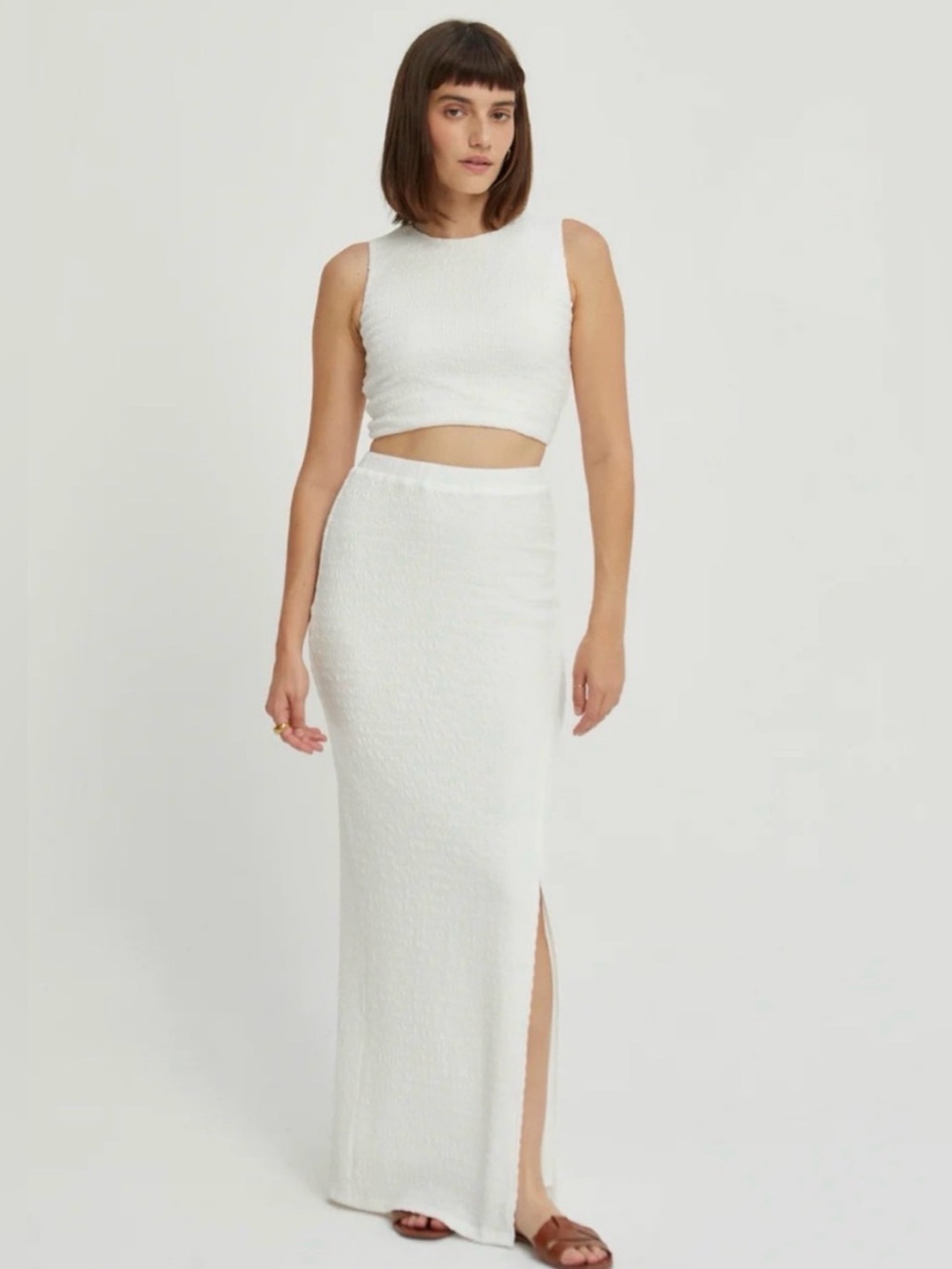 Crescent White Textured Maxi Skirt with Side Slit